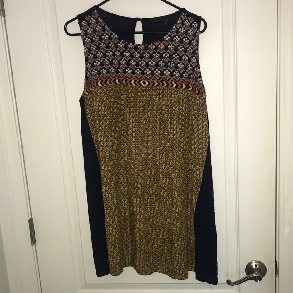 Sleeveless Patterned Panel Shift Dress in Mustard and Navy
